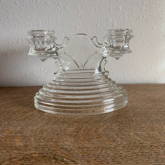 Vintage L.E. Smith Double Candlestick Holder, 1930s Art Deco Ribbed Glass - Picture 6 of 6